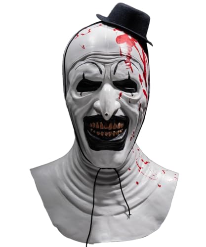 SHIFANQI Halloween Terrifier Maske, Art Der Clown Maske für Erwachsene, Scary the Killer Clown Maske, Terrifier Kostüm Accessoire mit Mini Zylinderhut Cosplay Kostüm Requisiten (Blutungen) von SHIFANQI