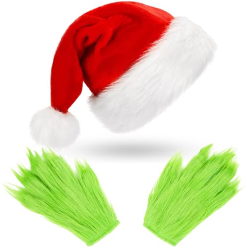 SHIFANQI Grünes pelziges Monsterhandschuhe und Weihnachtsmannmütze, lustiges grünes Halloween-Weihnachtshandschuhe, Weihnachtsmann-Pelzhandhandschuhe und Weihnachtsmannmütze, Weihnachtskostüm, von SHIFANQI