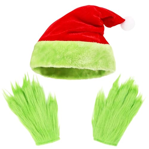 SHIFANQI Grünes pelziges Monsterhandschuhe und Weihnachtsmannmütze, lustiges grünes Halloween-Weihnachtshandschuhe, Weihnachtsmann-Pelzhandhandschuhe und Weihnachtsmannmütze, Weihnachtskostüm, von SHIFANQI