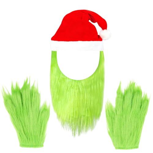 SHIFANQI Weihnachtsmannmütze mit grünem Bart und grünen pelzigen Handschuhen für Herren, Erwachsenenkostüm, Cosplay, Party-Requisiten, Zubehör, grünes Monster-Kostüm, Kostümzubehör, 3 Stück von SHIFANQI