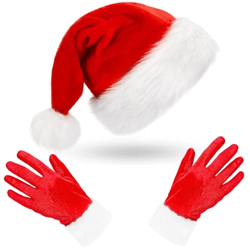 SHIFANQI Weihnachtsmütze, Nikolausmütze und Handschuhe, rote Samt-Handschuhe, weiches Plüschfell, Weihnachtsmütze und Party-Handschuhe, Weihnachtsmann-Kostüm, Zubehör, Geschenk für Damen und Herren von SHIFANQI