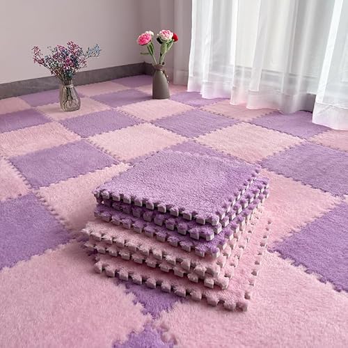 Schaumstoff-Spielmatte, 10 Stück, 30 x 30 x 1 cm, flauschige Plüschschaum-Bodenmatte, Bodenschutz, zotteliger Teppich, quadratische Bodenfliesen, Puzzle-Spielmatte für Spielzimmer (Rosa, Violett) von SHIJHUI