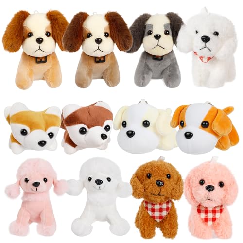 SHINELINE 12 Stück Mini Kuscheltier Hund - 12cm Stofftiere für Kinder, Mini Plüschtiere Schlüsselanhänger Kleine Geschenke für Kinder, Geburtstag Weihnachten Party von SHINELINE