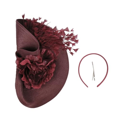 Blumen-Haarband, übertriebenes Stirnband, exquisiter Zylinder-Stil, ausgefallenes Stirnband mit Blumen, Federdekor, lebendige Farben, Cosplay-Haarschmuck, Weinrot von SHINROAD