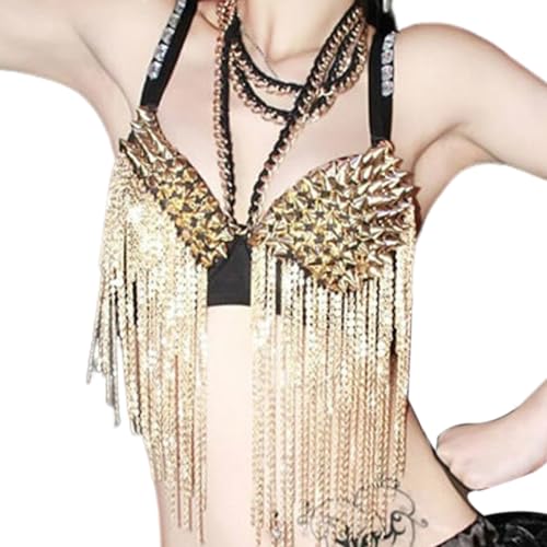 SHINROAD Damen BH Performance Damen mit Nietendekor Lange Quaste Spaghettiträger für Nachtclub Party Pole Dancing Stripper Bühnenshow Golden 1XL von SHINROAD