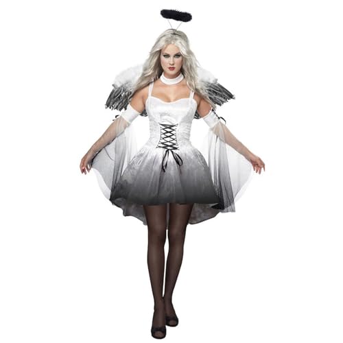 SHINROAD Dark Angel Dress Dark-themed Halloween Costume Fallen Cosplay Set Women Clothing Gothic Witch Fancy Headwear Wing Evil Ghost Bride Party White S von SHINROAD