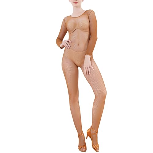 SHINROAD Frauen Enge Passform Jumpsuit Bodycon Dance Performance Damen Mesh Figurbetont für Latin Performances Dehnbar Rundhals Bodysuit Kurven Karamell Einheitsgröße von SHINROAD