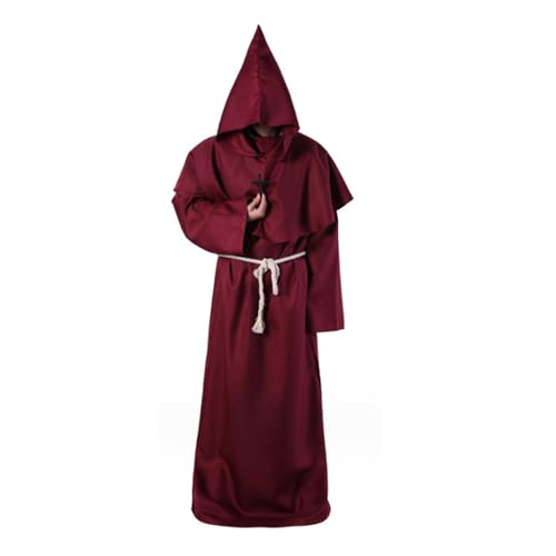 SHINROAD Gruseliges Zauberer-Kostüm, Halloween-Umhang mit starkem Fall, Halloween-Umhang, Kostüm, mittelalterlicher Mönch, Robe, Zauberer, Cosplay, Tanz, Stoffumhang, Jujube, Rot, 2XL von SHINROAD