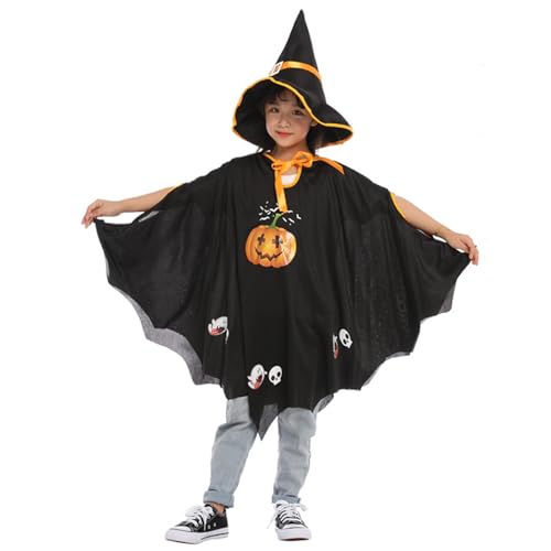 SHINROAD Halloween Kostüme Cloak Hut Combo Set 1 Kinder Kostüm Cape Kürbis Schädel Druck Hexespitz Schwarz Einheitsgröße von SHINROAD