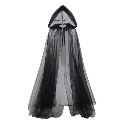 SHINROAD Kapuzenumhang Halloween Kostüm Cosplay Geist Mesh Kordelzug Plissee Bodenlang Gothic Mittelalter Performance Capes Kostüme Karneval Schwarz L von SHINROAD