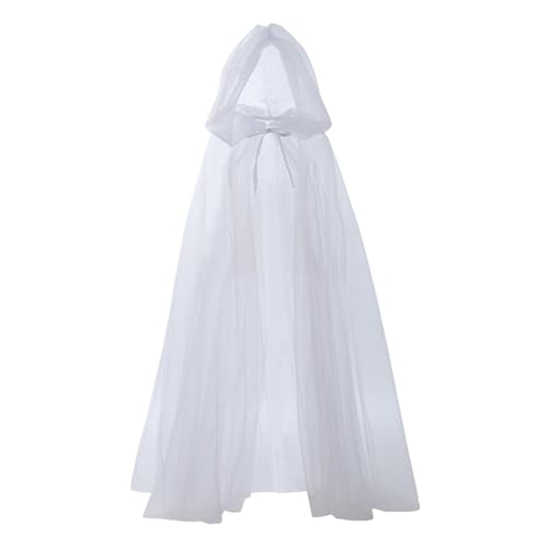 SHINROAD Kapuzenumhang Halloween Kostüm Cosplay Geist Mesh Kordelzug Plissee Bodenlang Gothic Mittelalter Performance Capes Kostüme Karneval Weiß L von SHINROAD