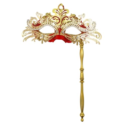 SHINROAD Masquerade Masque hell Farbe Fantastisches Metall mit Handheld Stick halb Gesicht Venezianer Strasssteine ​​für Männer Frauen idealer Prom Ball Mardi Gras Rotes Golden von SHINROAD