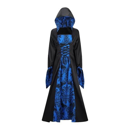 SHINROAD Mittelalter Kleid mit Kapuze Viktorianische Ära Damen Vintage Renaissance Cosplay mit Schnürung Taille Kapuze Halloween Party Blau L von SHINROAD