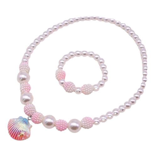 SHINROAD Schöne Muschel Halsketten für Kinder Kinder Halsketten Halsketten entzückende Imitation Perlen Meerjungfrau Perlen Schmuckschalen -Halsketten Armband Set für Mädchen Rosa von SHINROAD