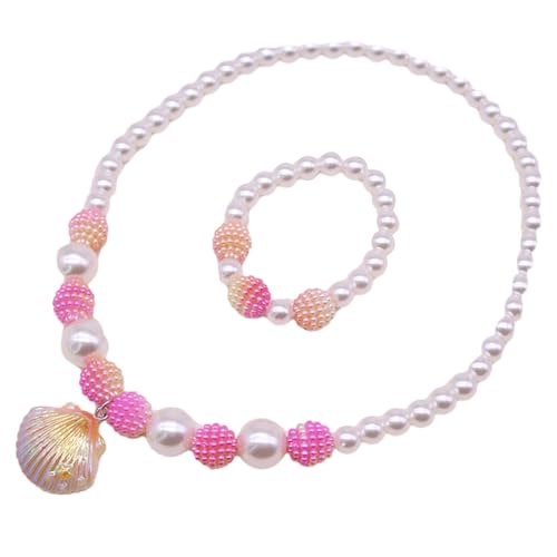 SHINROAD Schöne Muschel Halsketten für Kinder Kinder Halsketten Halsketten entzückende Imitation Perlen Meerjungfrau Perlen Schmuckschalen -Halsketten Armband Set für Mädchen Rosenrot von SHINROAD