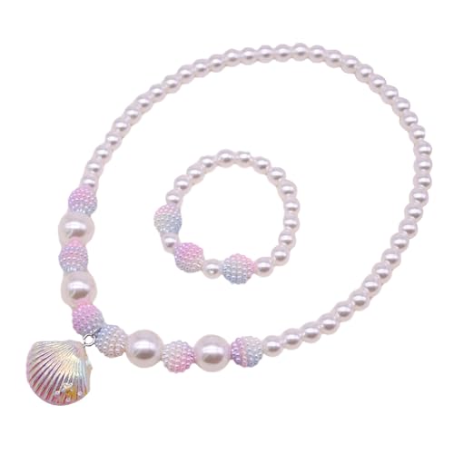 SHINROAD Schöne Muschel Halsketten für Kinder Kinder Halsketten Halsketten entzückende Imitation Perlen Meerjungfrau Perlen Schmuckschalen -Halsketten Armband Set für Mädchen Violett von SHINROAD