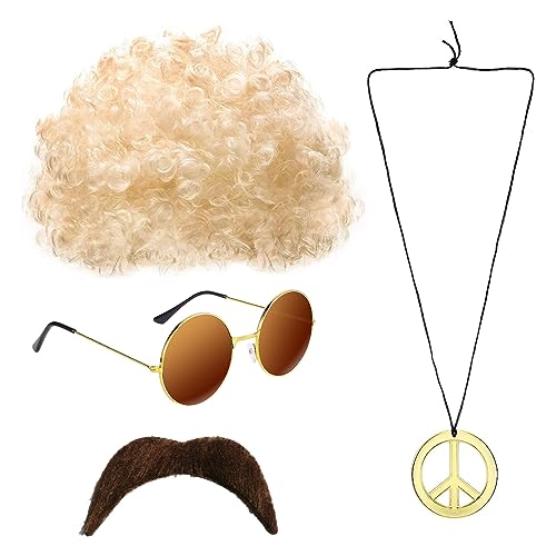 SHIQUAN Afro Perücke Herren,Jahre Outfit Herren,Hippie Costume da Uomo,70er/80er Jahre Hippie Kostüm,Hippie-Sonnenbrille,Disco-Halskette,Falscher Schnurrbart für Herren,Geeignet für Themenparty von SHIQUAN