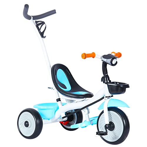 Kinder-Dreirad mit wendbarem Sitz, Dreirad für Kinder, mit verstellbarem Gehstock und abnehmbaren Pedalen, Dreirad zum Schieben für Mädchen und Jungen (Weißblau) von SHISHI