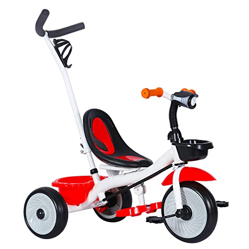 Kinder-Dreirad mit wendbarem Sitz, Dreirad für Kinder, mit verstellbarem Gehstock und abnehmbaren Pedalen, Dreirad zum Schieben für Mädchen und Jungen (weiß-rot) von SHISHI