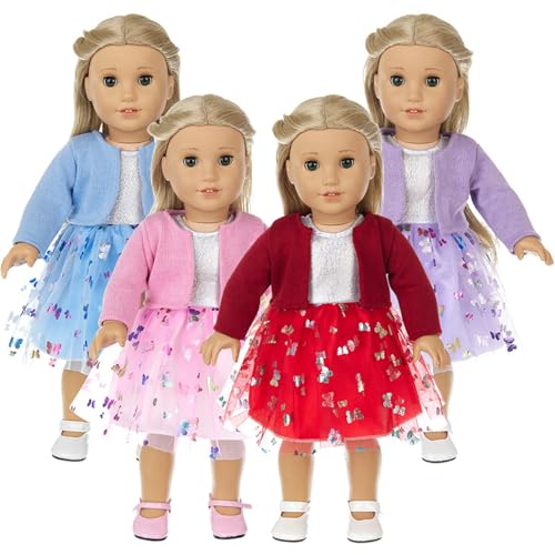 SHITOOMFE 4 Sets 18 -Zoll -Puppenkleidung, schönes Kleid und Strickjacke Puppenkleidung mit Schmetterlingen 4 Farben Babypuppenkleidung für 18 Zoll Mädchenpuppenzubehör, Style 2, Puppenkleidung von SHITOOMFE