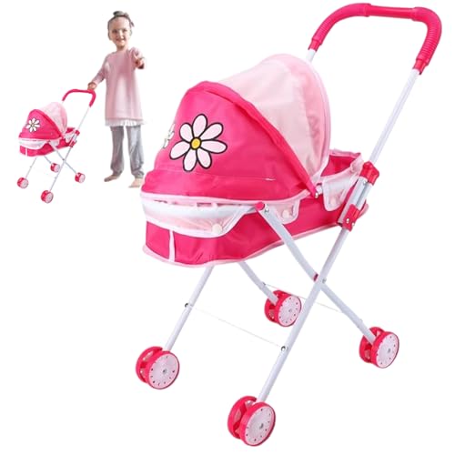 SHITOOMFE Babypuppen Kinderwagen Puppen Kinderwagen Süßes Muster Babypuppen Kinderwagen Faltbare Puppenwagen mit Push -Griff abnehmbar waschbarer Babypuppenkameraden für Mädchen, so tun von SHITOOMFE