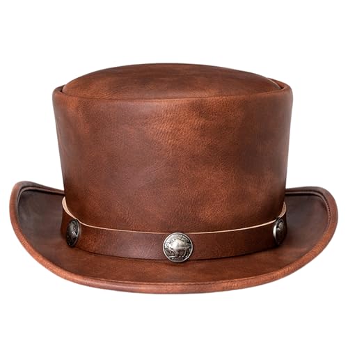 SHITOOMFE Magierhut formelle kurze Brim -Top -Hüte für Männer Frauen PU Leder Steampunk Top Hut für Pest Doctor Kostüm kostenlos Größe Top Hut für Halloween, Show, Cosplay, Brown, Top -Hut von SHITOOMFE