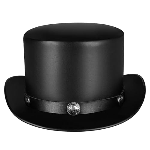 SHITOOMFE Magierhut formelle kurze Brim -Top -Hüte für Männer Frauen PU Leder Steampunk Top Hut für Pest Doctor Kostüm kostenlos Größe Top Hut für Halloween, Show, Cosplay, Schwarz, Top -Hut von SHITOOMFE