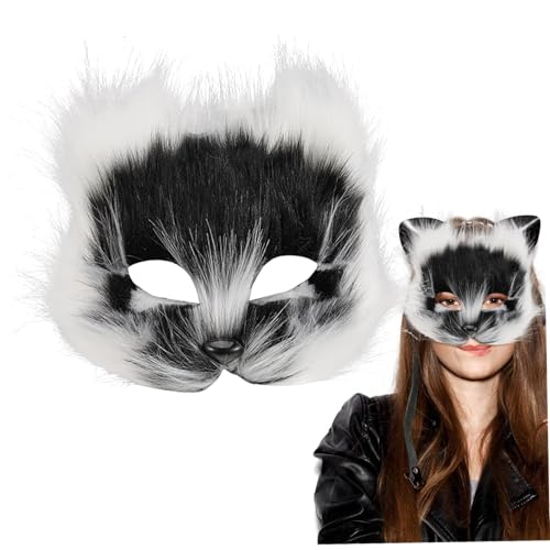 SHITOOMFE Pelzige Maske Therianische Maske, Halbgesichtsfuchsmaske, atmungsaktive Tiermaske für erwachsene Kinder, weiches glattes Cosplay Pelzige Kostüm für Maskerade-Party Ostern Schwarz Weiß von SHITOOMFE