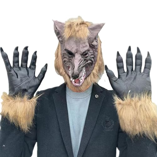 SHITOOMFE Werwolf Maske Holloween Werwolf Kostüm Realistische Wolf Maske & 1 Paar Pfotenhandschuhe Weiches & Hautfreundliche Kostüm für Halloween -Party -Cosplay Dress Up SHITOOMFE Werwolf Maske Holloween Werwolf Kostüm Realistische Wolf Maske & 1 Paar Pfotenhandschuhe Weiches & Hautfreundliche Kostüm für Halloween -Party -Cosplay Dress Up von SHITOOMFE
