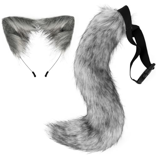 SHITOOMFE Wolfschwanz, Kunstpelz -Fuchs -Ohren und Schwanzset, pelzige Wolf Ohren und Schwanz, süßes Tierschwanz und Ohren Stirnband für Cosplay -Party, Masquerade Dark Grey von SHITOOMFE