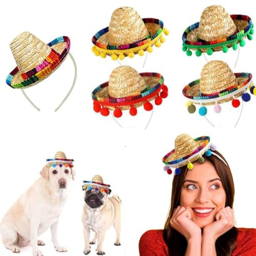 5pcs Mini Sombrero Hut Haustier Strohhut Party Hüte Lustig Sombrero für Katzen Mexikanische Hut Party Dekorationen Kostüm Hüte für Kinder Damen Herren Puppen Katzen Welpen kleine Haustiere (Style A) von SHJOEE