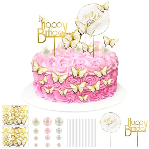 37 Stück Tortendeko Geburtstag, Schmetterlinge Torten Deko, Schmetterling Cupcake, 3D Dreidimensional Schmetterlinge Deko Torte für Geburtstag,Hochzeit,Party,Essen Dekoration (Gold) von SHOWHEEL