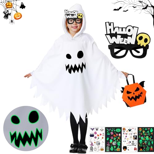 5 Stück Halloween Kinder Geister Kostüm Weißes Gespenst Gesicht Umhang Lustige Spooky Cloak Kind Halloween Kostüm mit Kürbis Tragetasche Gläser Tattoos Für Halloween,Karneval,Fasching,Mottoparty(M) von SHOWHEEL