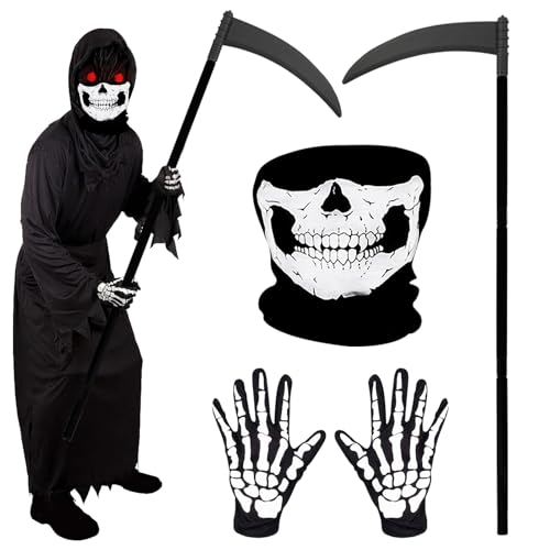 Halloween Ghost Maske Totenkopf Set mit Skelett Handschuhe/Sichel, Skull Mask Skelett Sturmmaske Motorradmaske Kostüm Accessoire für Kinder Erwachsene für Halloween Cosplay Karneval Kostümparty von SHOWHEEL