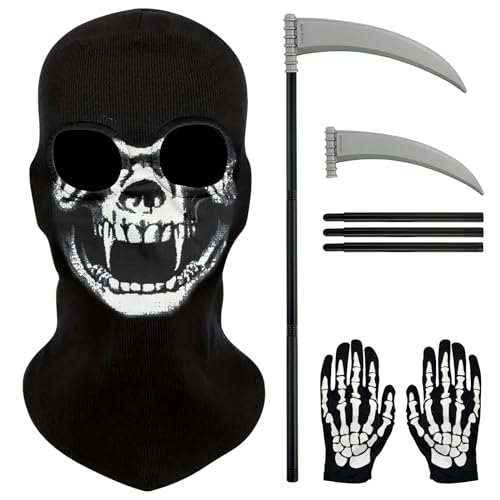 Halloween Ghost Skeleton Maske Handschuhe set,1 Schädel Gesichtsmaske+1 Schädel Handschuhe+1 Halloween Sichel, Halloween Schädel Gesichtsmaske Dekoration Accessoire,für Halloween,Cosplay,Karneval von SHOWHEEL