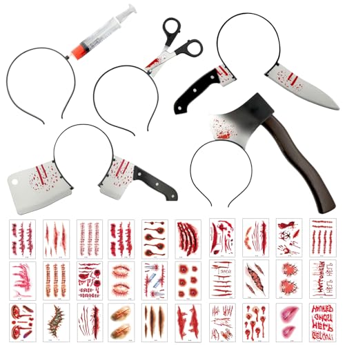 Halloween Kostüm Accessoire Set,5 Stück Horror Haarreif,Halloween Haarbänder Set,Halloween Messer Im Kopf,Schere Axt Messer Syringe im Kopf Stirnbänder,Horror Haarreif Dekorieren,Halloween Party von SHOWHEEL