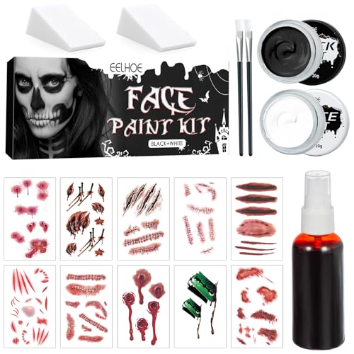 Halloween Schminke Schwarz Weiß, mit Kunstblut, Schwarz Weiß Gesicht Farbe Körper Malerei, Zombie Clown Make Up Halloween, Kinderschminke Set, für Halloween Karneval Party, Spatel Werkzeug von SHOWHEEL