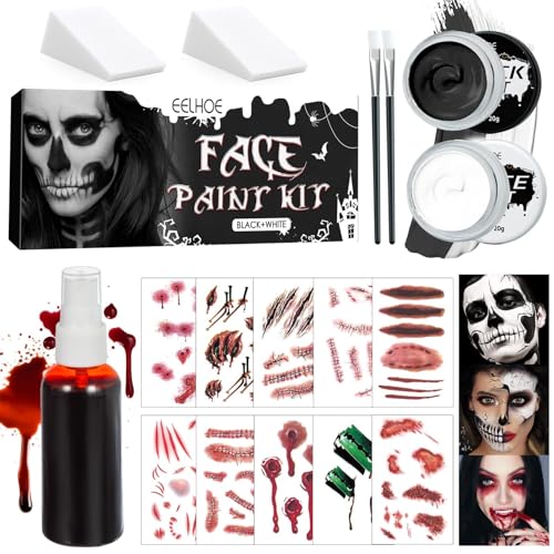 Halloween Schminke Schwarz Weiß, mit Kunstblut, Schwarz Weiß Gesicht Farbe Körper Malerei, Zombie Clown Make Up Halloween, Kinderschminke Set, für Halloween Karneval Party von SHOWHEEL