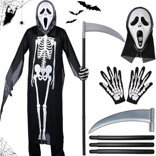 Halloween Skelett Kostüm,Halloween Kostüm Set mit Schädelmaske,Handschuhen und Sense,Halloween Dämon Skelett-Kostüm,Sensenmann Kostüm,Gespenst kostüm,für Halloween Dekoration,Cosplay,Karneval von SHOWHEEL