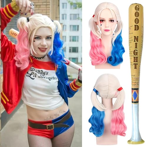 SHOWHEEL Karneval Cosplay Perücken,Rosa und Blau Mit Zwei Pferdeschwänzen,Kostümparty Karneval Cosplay Perücken,Aufblasbarer Baseballschläger für Karneval Halloween Fasching Kostüme Party von SHOWHEEL