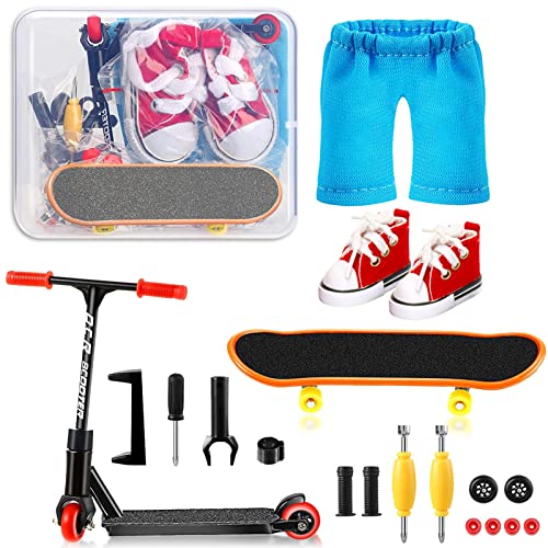 SHOWHEEL Finger Scooter Set, Finger Skatepark Kit 16-teilig, Mini Skateboard für die Finger inkl.Skateboards, Schuhe, Scooter, Hosen und Skateboardzubehör,Party Bags for Children's Birthday von SHOWHEEL