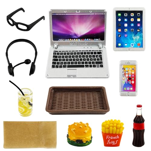 10 Stück Puppenhaus Lernen Zubehör,1:12 Metall Simulation Laptop Tablet Smartphone Mini,Mini Brille Hamburger Pommes Getränke Tablett,Puppenhaus Szene Simulation von SHOWHEEL