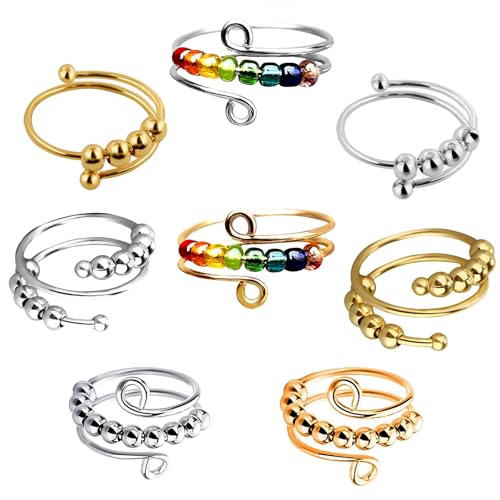 SHOWHEEL 8 Stück Verstellbare Anti Stress Ring,Angst Daumen Ring,Anxiety Ring,Regenbogen Spinner Ring Damen,Linderung von Ängsten und Antistress Ringe,Angst Ring und Fidget Ring für Frauen und Herren von SHOWHEEL