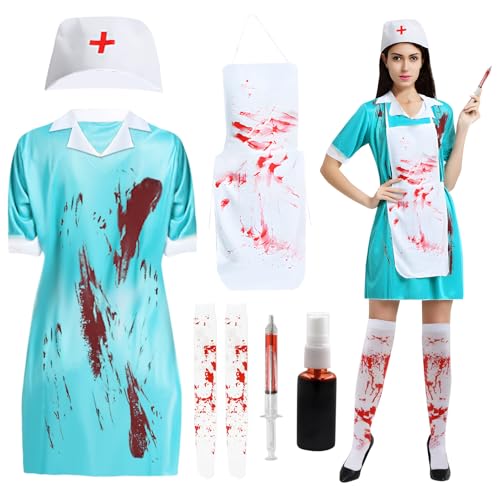 SHOWHEEL Zombie Krankenschwester Kostüm Damen, Halloween Kostüm Damen, Halloween Krankenschwester Kostüm Damen, Halloween Kostüm Damen Gruselig, Halloween Blutige Krankenschwester Uniform von SHOWHEEL