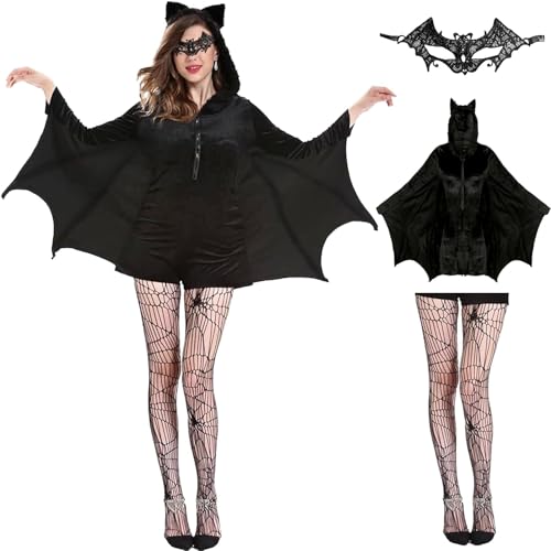 SHOWHEEL Fledermaus Kostüm Damen,mit Netzstrumpfhose Schwarz,Spitzen-Augenmaske,Halloween Kostüm Damen,Karneval Fledermaus Kostüm Damen für Erwachsene Cosplay von SHOWHEEL