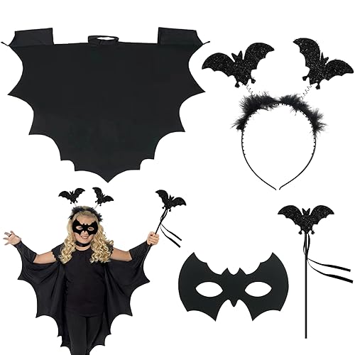 SHOWHEEL Fledermaus Kostüm Kinder 4 Stück, Halloween Fledermaus Umhang Kinder, Fledermaus Maske, Fledermaus Haarreif, Zauberstab, Halloween Kostüm Kinder, für Halloween Karneval Cosplay, 110cm*88cm von SHOWHEEL