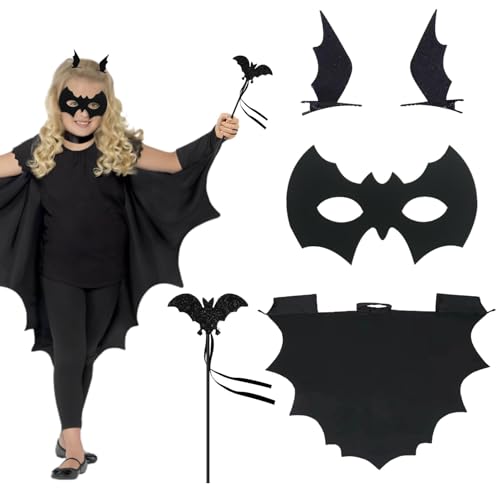 SHOWHEEL Fledermaus Kostüm Kinder 4 Stück, Halloween Fledermaus Umhang Kinder, Fledermaus Maske, Fledermaus Haarspangen, Zauberstab, Halloween Kostüm Kinder, für Halloween Karneval Cosplay, 120 von SHOWHEEL