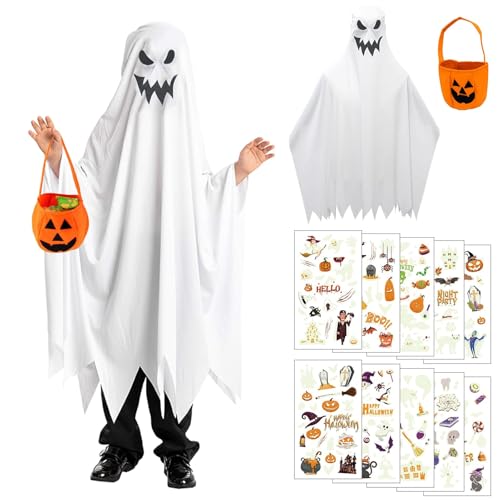 SHOWHEEL Gespenst Kostüm für Kinder, Kinder Geist Umhang mit Kürbisbeutel, Halloween Temporäre Tattoo, Halloween Kostüm Kinder, Halloween Karnevals Geist Cape für 110cm-150cm Jungen und Mädchen von SHOWHEEL