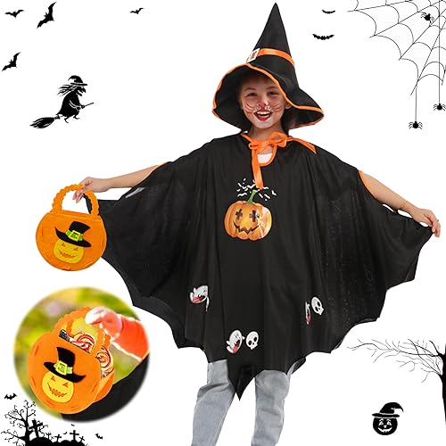 SHOWHEEL Halloween Kostüm Kinder,Fledermaus Umhang mit Hut,Hexenkostüm Kürbis,Vampir Fledermaus Kostüm Mädchen Jungen,Halloween Cosplay Party,Karnevalskostüme,Bühnenperformance,für Höhe 90-150cm von SHOWHEEL