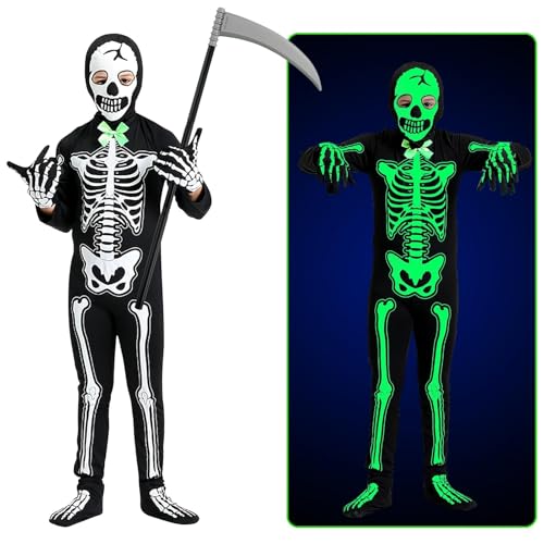 SHOWHEEL Halloween-Sensenmann-Kostüm,Halloween Skelett Kostüm Kinder, im Dunkeln leuchtendes Zombie-Kostüm, Cosplay-Set mit einer gruseligen Sensenmann-Sense und Skelett-Handschuhen (M1) von SHOWHEEL